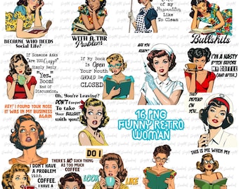Retro Women Bundle of 16 PNG, Sarcastic Retro Housewife, PNG Bundle, Digital File, Print On Demand, Digital Download, Sarcastic Retro women