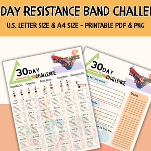 May include: A printable 30-day resistance band challenge workout chart with illustrations of exercises. The chart includes a daily workout schedule with exercises like shoulder stretch, chest stretch, front squat, front raise, and hamstring stretch. The chart also includes space for notes and goals.