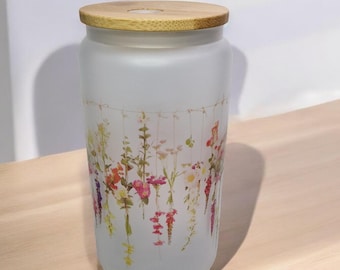 Frosted Blumen-Glasbehälter mit Bambusdeckel und Glasstrohhalm, Becher, gefrostetes Glas