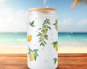 Zitronen Glas mit Bambusdeckel & Strohhalm, 520ml Mattes Borosilikatglas, Sommer Trinkglas, Ästhetischer Glasbecher mit Zitronenmotiv