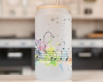 Noten-Design, Frosted Bierdose Libbey Glasdose mit Bambusdeckel und Glasstrohhalm, Noten-Design