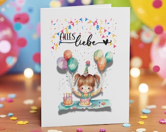 Flicka med ballonger födelsedagskort - Alles Liebe - 10,5 x 14,8 cm
