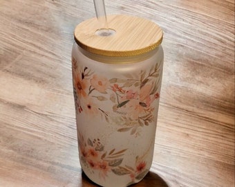 Personalized Frosted Glass Beer Can: Spring Flowers, Bamboo Lid & Straw