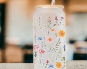 Wilde Frühlingsblumen Frosted Bierdose Libbey Glasdose mit Bambusdeckel und Glasstrohhalm