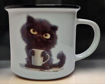 mürrische Katze Design, 300 ml | Vintage Emaille Weiß mit Schwarzem Rand, code:E4