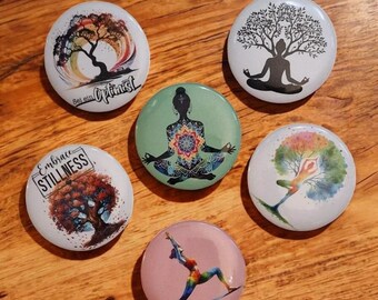 Yoga Meditation Button Pin: Waterproof Vinyl Finish, Various Designs (58mm)