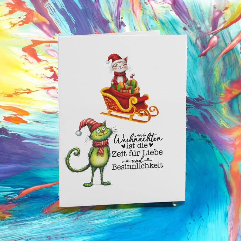 karte, die ein festliches Design mit einer Katze und einem Schlitten voller Geschenke zeigt