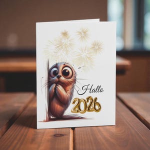 May include: A greeting card featuring a cartoon seal with large eyes, hands clasped in front of its face, and the text "Hallo 2026" in gold. The background includes gold fireworks.