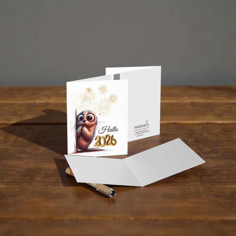 May include: Greeting card with a cartoon owl illustration. The card features the text "Hallo 2026" in gold lettering, with a background of fireworks. The card is white and folded, with a pen resting on the wooden surface.