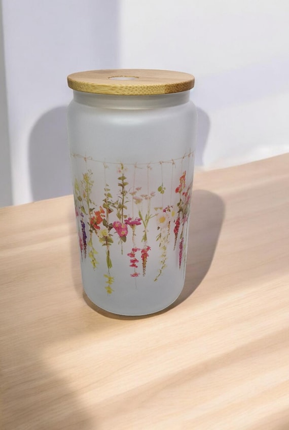 Frosted Blumen-Glasbehälter mit Bambusdeckel und Glasstrohhalm, Becher, gefrostetes Glas
