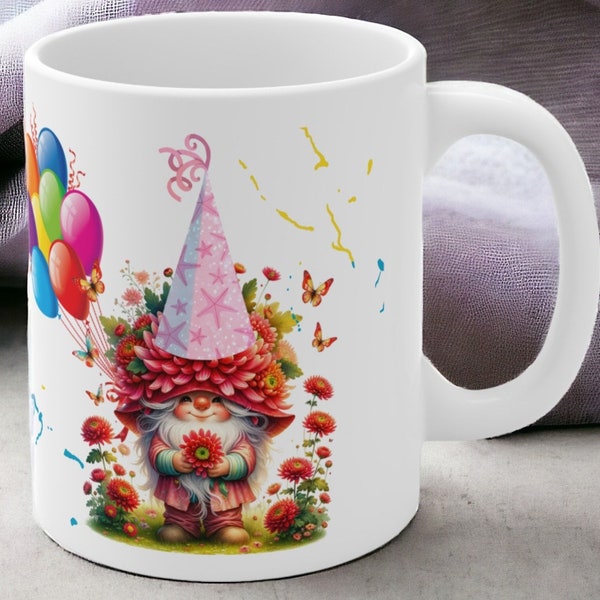 Bunter Gartenzwerg Geburtstagsbecher Viel Glück und Viel Segen! Luftballons Gnome Birthday Mug palloncini vivaci Tanta fortuna e benedizioni