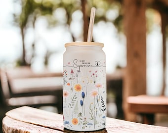 Wilde Frühlingsblumen Frosted Bierdose Glas mit Bambusdeckel, Geschenk zum Muttertag