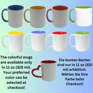 May include: Eight white ceramic mugs with colored rims and handles. The mugs are available in yellow, blue, red, and green. The mugs are 11 ounces (325 ml).