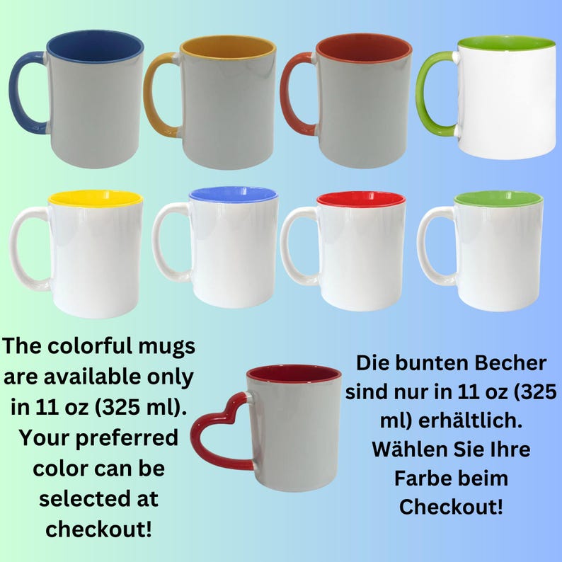 May include: Eight white ceramic mugs with colored rims and handles. The mugs are available in yellow, blue, red, and green. The mugs are 11 ounces (325 ml).