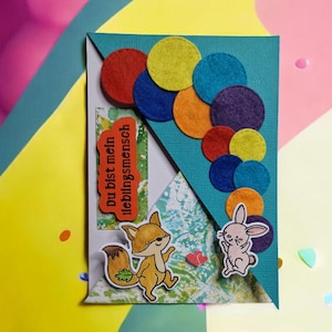 "Handgemachte Grußkarte ""Du bist mein Lieblingsmensch"" mit Fuchs- und Hasendesign."