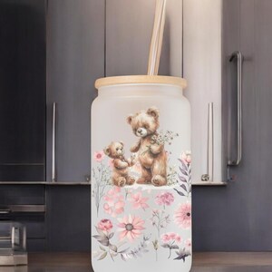 Muttertagsgeschenk Blumenverzierter Frostglasbecher mit Bambusdeckel und Glasstrohhalm, Libbey Glasdose ,du bist einfach eine supermama bild 2