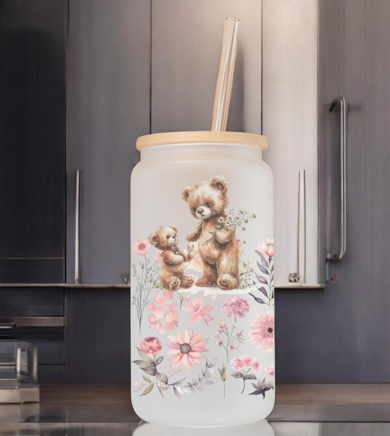 Muttertagsgeschenk Blumenverzierter Frostglasbecher mit Bambusdeckel und Glasstrohhalm, Libbey Glasdose ,du bist einfach eine supermama bild 2