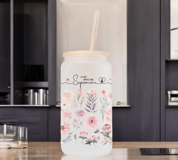 Muttertagsgeschenk Blumenverzierter Frostglasbecher mit Bambusdeckel und Glasstrohhalm, Libbey Glasdose ,du bist einfach eine supermama