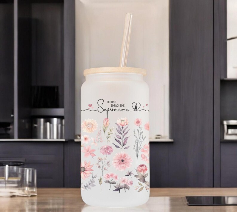 Muttertagsgeschenk Blumenverzierter Frostglasbecher mit Bambusdeckel und Glasstrohhalm, Libbey Glasdose ,du bist einfach eine supermama bild 1