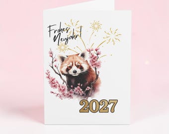 May include: A white greeting card featuring a red panda nestled among pink cherry blossoms. Above the panda are gold firework illustrations and the black text Frohes Neujahr. The number 2027 is printed in large gold digits at the bottom.
