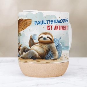 Faultier Kaffee Tasse mit Korkboden, « Faultiermodus Ist Aktiviert ! », Niedliches Strand Design, Umweltfreundliches Geschenk