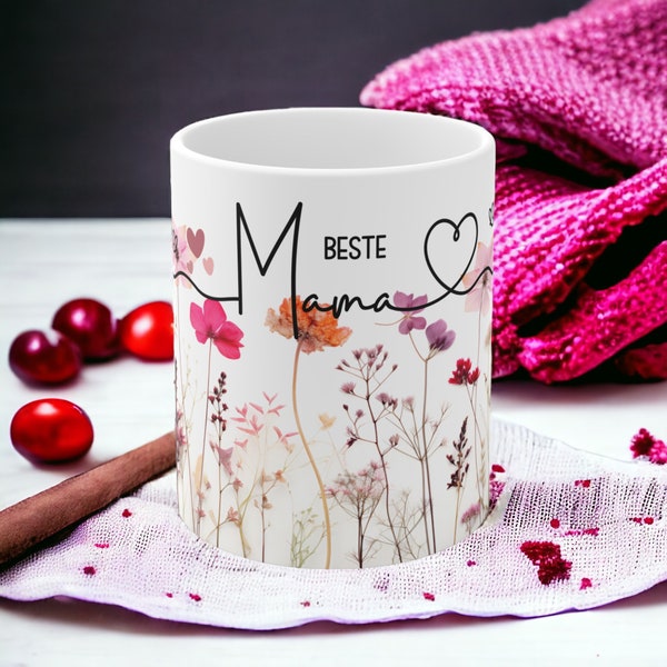 Tasse mit bunten kleinen Blumen und « Beste Mama » Muttertagsgeschenk Mug avec petites fleurs colorées Cadeau pour la fête des Mères Geschenk für Mama