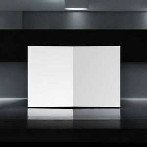 May include: A white, blank, folded poster board stands on a black surface. The poster board is illuminated by a light above.
