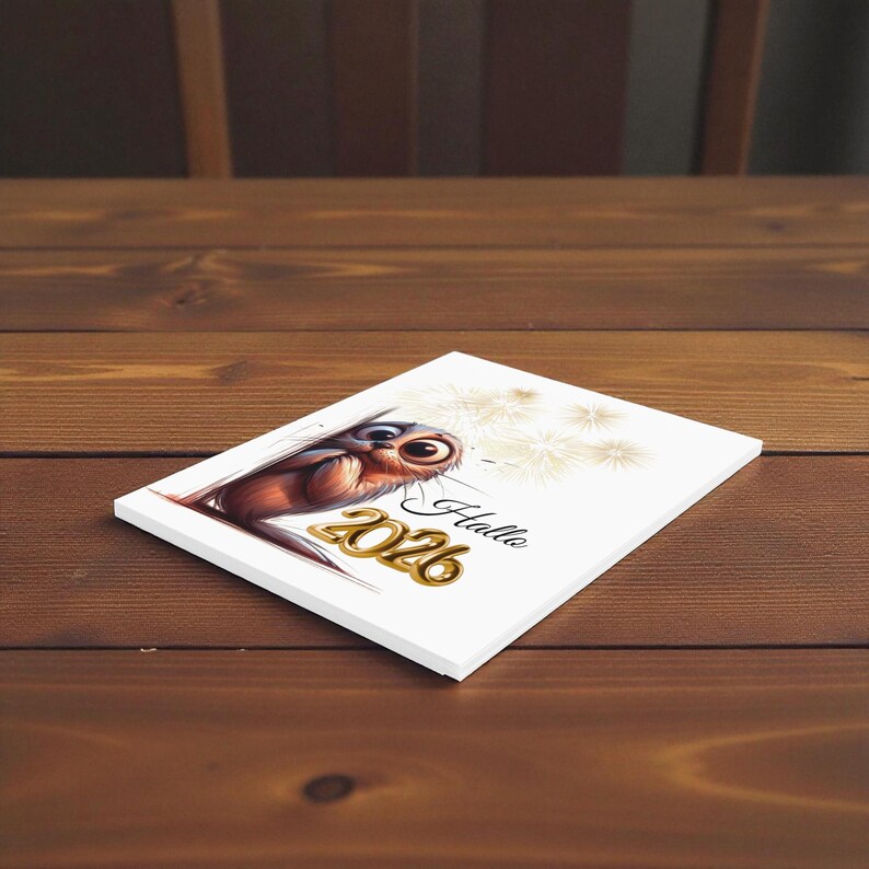 May include: A white rectangular card featuring a cartoon owl with large eyes and brown and gold coloring. The card has the text "Hallo 2026" in gold and black. Dandelion-like graphics are in the background.