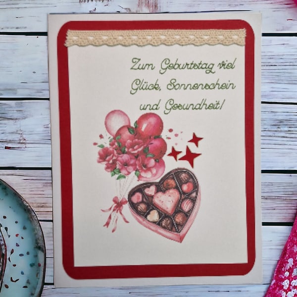 Herzförmige Schokoladenbox Geburtstagswünsche Geburtstagskarte Heart Shaped Chocolate Box Card Birthday Wishes Card Sonnenschein  Gesundheit