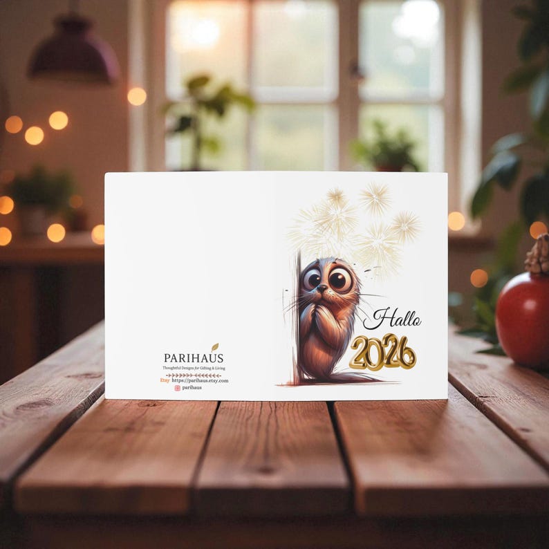 May include: A white greeting card featuring a cartoon otter with large eyes, holding its paws to its face. The card has the text "Hallo 2026" in gold, with the Parihaus logo and website information on the left.