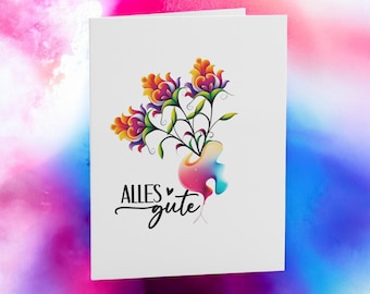Bunte Blumen Grußkarte - "Alles Gute" – 300g Kartenkarton, 10,5 x 14,8 cm, mit Umschlag