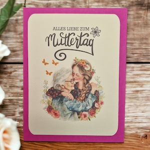 Handgemachte Muttertagskarte - Alte Mutter und Tochter Umarmung, Zweilagiges Design mit Umschlag Handgemachte Muttertagskarte