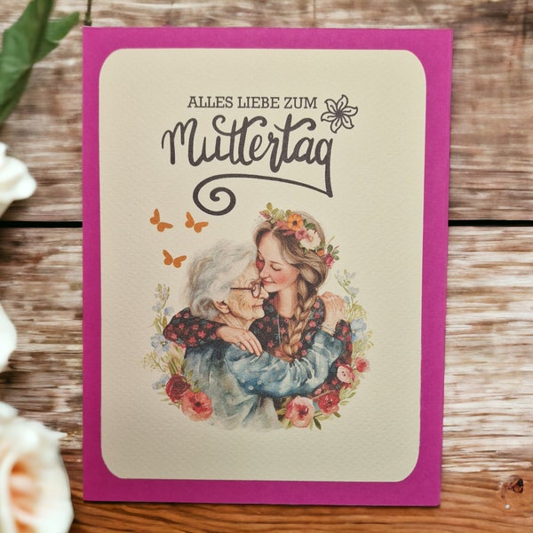 Handgemachte Muttertagskarte - Alte Mutter und Tochter Umarmung, Zweilagiges Design mit Umschlag Handmade Mother's Day card