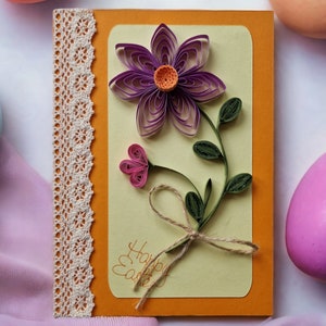 Frohe Ostern Quilling-Karte - Handgefertigte lila Blume und vergoldetes Hasen-Design, Ostergruß