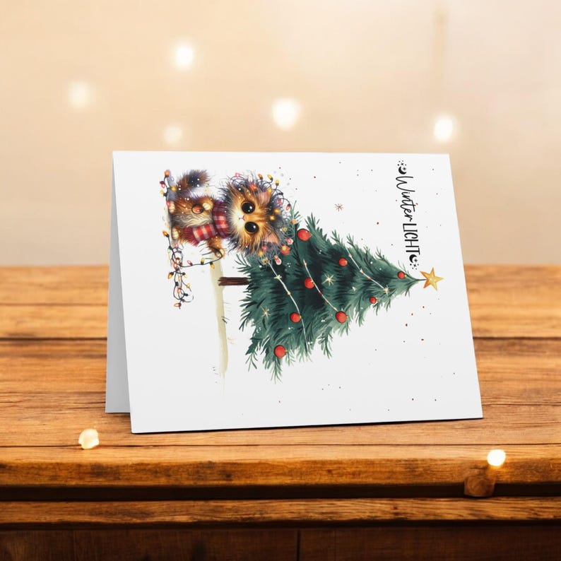 May include: A white Christmas card with a cartoon cat decorating a Christmas tree with lights. The text on the card reads "Winter Lights".