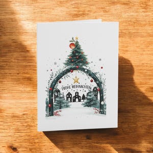 karte, die eine ruhige Winterdorf-Szene umgeben von festlichem Grün zeigt