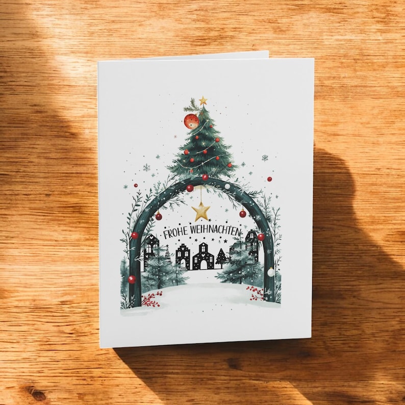 karte, die eine ruhige Winterdorf-Szene umgeben von festlichem Grün zeigt