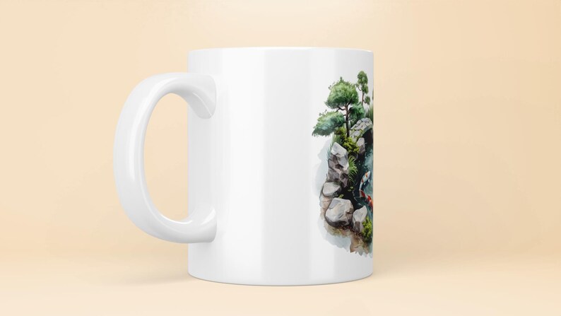 May include: White ceramic mug with a watercolor illustration of a Japanese garden scene. The scene features a small bridge, rocks, trees, and a pond with koi fish.
