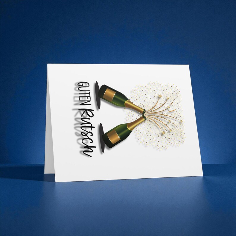 May include: A white greeting card with a blue background features two champagne bottles with gold foil and green glass. The bottles are angled, with golden sparkles and the German text "Guten Rutsch" in black.