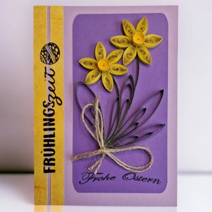 Frohe Ostern Card, handgemachte Oster-Quilling-Karte mit Narzissenblume, Tarjeta Quilling de Pascua hecha a mano, Flor de Narciso, Saludo de Pascua