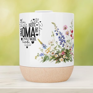 Geschenk für Oma ,Personalisierte Keramiktasse mit Korkboden, 330ml, Blumenmotiv, Muttertagsgeschenk