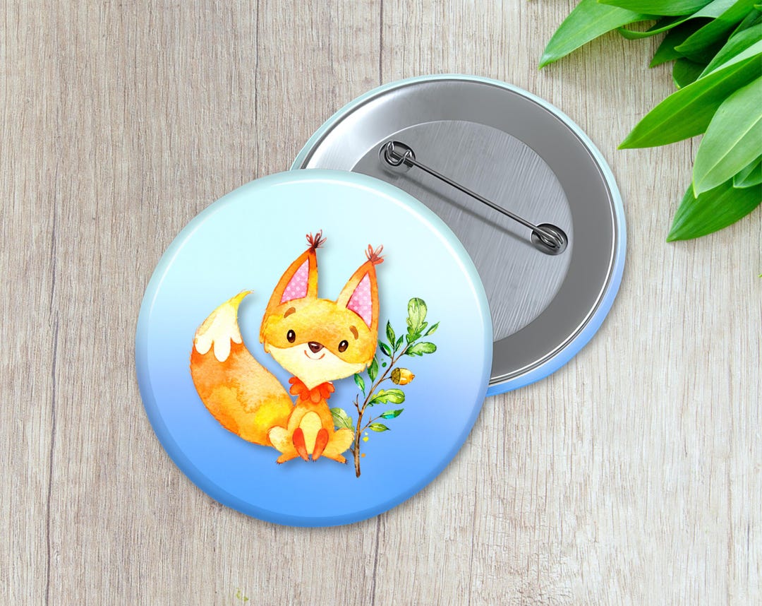 Woodland Animals Pin Button: Fox, Squirrel, Bird - Custom Designs (58mm ...