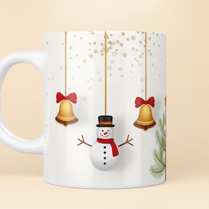Festliche Keramiktasse, Weihnachtsglocken, Schneemann & Baum Design