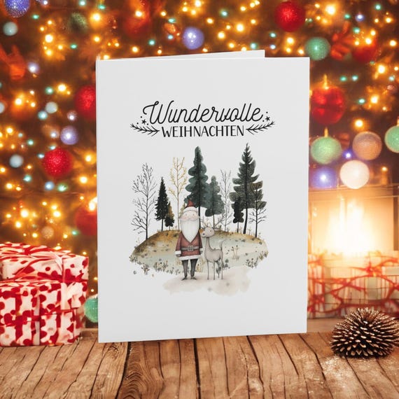 Wundervolle Weihnachtskarte - Weihnachtsmann und Rentier | Festliche Grüße  – Hochwertiger 300g Karton mit Umschlag