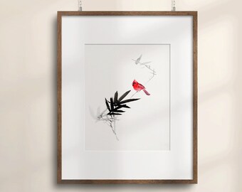Sumi e Style Wall Art, Ink Vintage Style Wall Art Print ,Red Bird Sumi e Style Home Deco Print, instant Download ,Housewarming gift