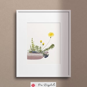 Dandelion Wall Art Print, Home Deco Minimalist Wall Art, Yellow Wall Art, Dandelion in a bowl Wall art, Instant download, Housewarming Gift