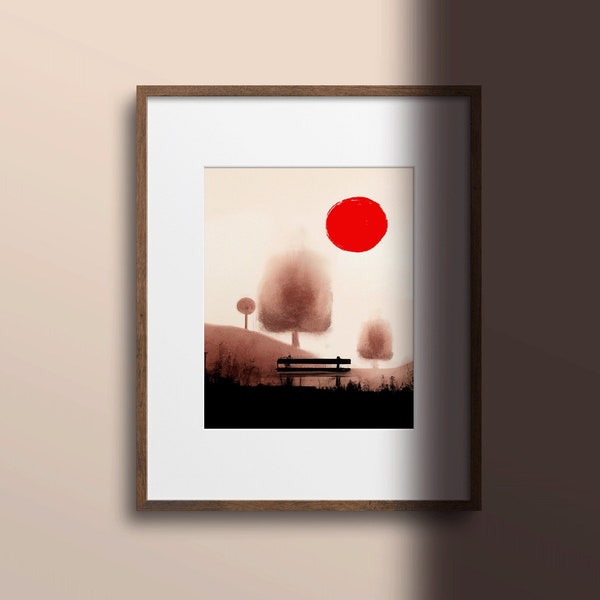 Abstract Sumi e Style Print Abstract Red Sun Wall Art Print Minimalist Wall Art Print Red Sun Home Deco Print Instant Download Housewarming