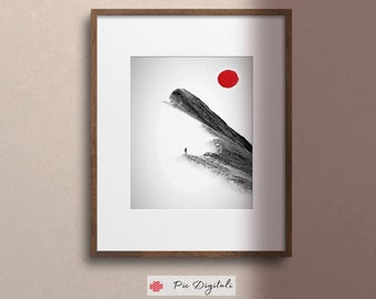Wall Art  Sumi E Style, Minimalist Wall Art Printable Wall Art,  Instant Download, Wall Art Red Sun, Housewarming Gift, Minimalist Art Print