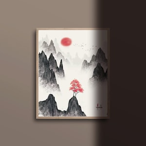 Mountain painting ,Chinese ink painting ,Sun print ,Home deco painting ,Vintage style art, Simple painting ,Ink wall art ,Home deco print
