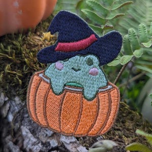 May include: Embroidered patch featuring a green frog wearing a witch hat and sitting in an orange pumpkin. The patch has a Halloween theme, with details like a star on the hat and pink cheeks on the frog.